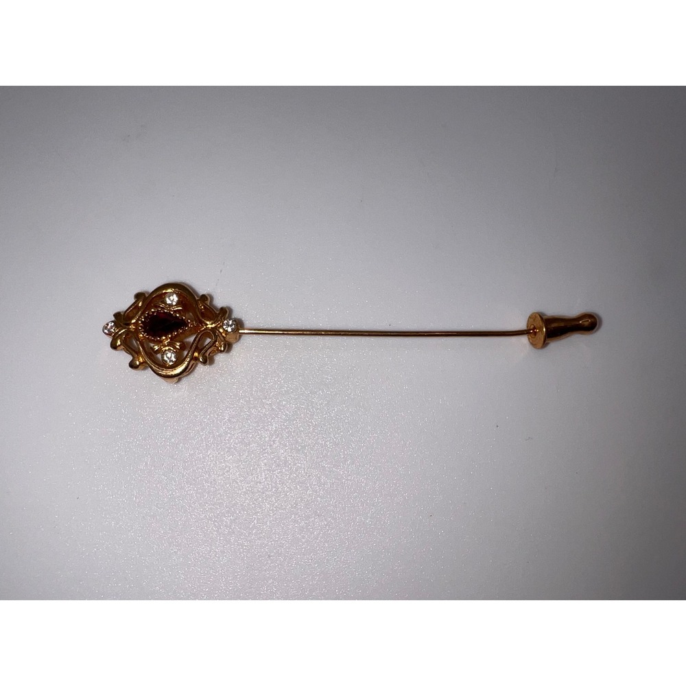 Monet Gold-Tone Vintage Lapel Stick Hst Pin Faux Red & White Stones Glamour